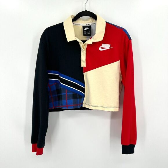 NIKE Womens Red Blue Cream Colorblock Cropped Boxy Long Sleeve Polo Shirt Small - Picture 2 of 8